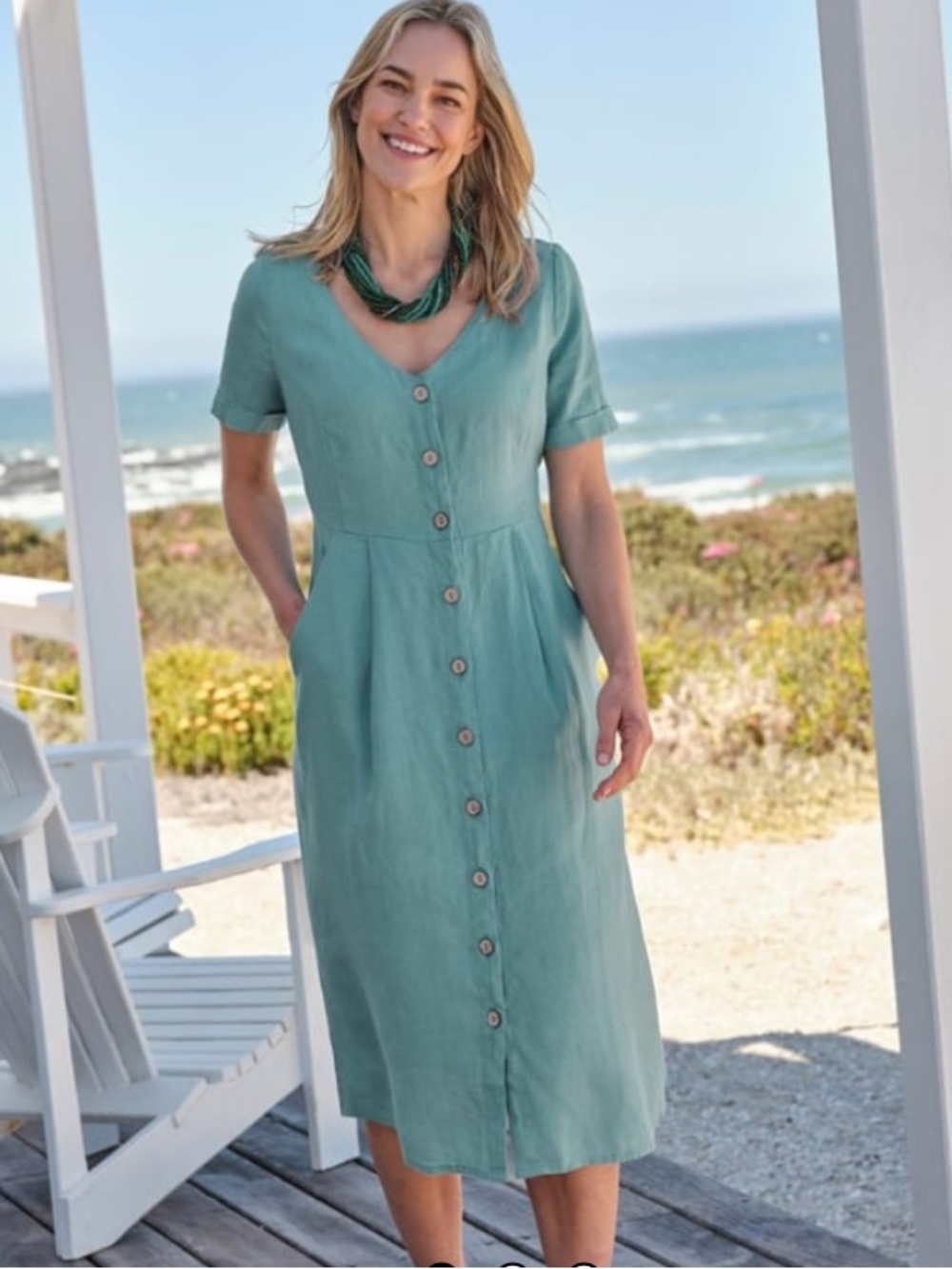 WoolOvers 100% Linen Button Down Midi Dress Plus Size 16 Teal Relaxed Coastal